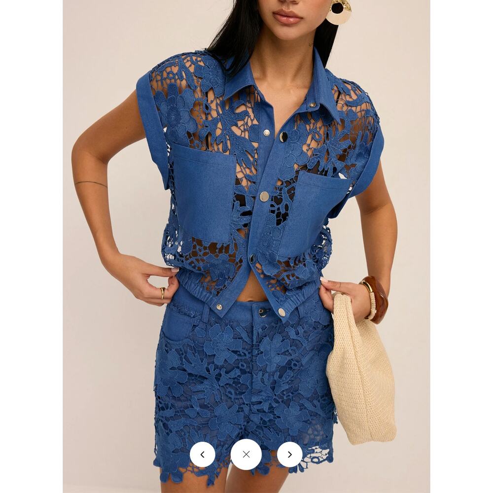 NWT Commense Guipure Lace Cropped Shirt & Shorts Set Sz M - Picture 3 of 6